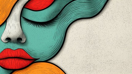 Abstract Woman's Face in Teal and Red Tones