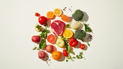 Fresh Produce and Raw Meat Arrangement on White Background for Healthy Eating Concept and Culinary Inspiration in Modern Kitchen Photography