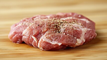 Fresh raw pork chop seasoned with black pepper on a wooden cutting board ready for cooking and meal preparation in a kitchen setting
