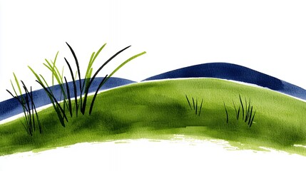Abstract Green Hill Landscape Painting with Dark Blue Background
