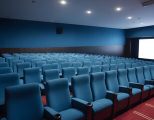 Obraz premium Empty of cinema in blue color with white blank screen. Mockup of hall, auditorium. Empty of cinema in blue color with white blank screen. 