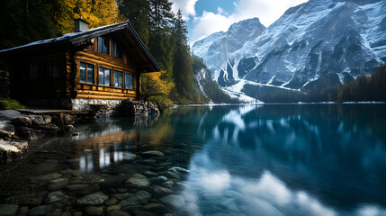 A rustic wooden chalet sitting on the edge of a beautiful alpine lake, with snowy mountain peaks reflecting in the crystal clear water.