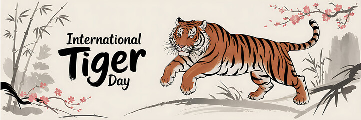 Obraz premium International Tiger Day with a beautiful tiger in a traditional oriental style