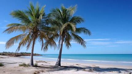 Obraz premium Two palm trees on empty tropical beach shoreline 