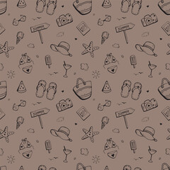 Summer vacation icon seamless handdrawn pattern. Summer beach elements. Mocha Mousse background