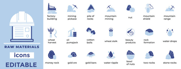 Editable raw materials vector icons for industry, supply chains, and production. Clean, minimal line art style.