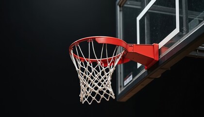 Red basketball hoop with white net against a black background. The image shows the iconic sporting equipment used in basketball games. Perfect for sports, competition, team activities.