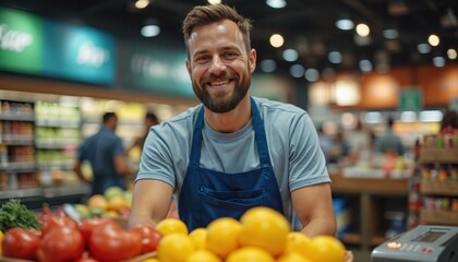 Smiling grocery store cashier stands checkout counter. Happy male employee wearing apron. Smiling worker. Smiling man looks at camera. Retail job portrait in supermarket.