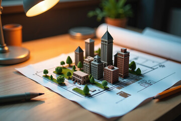 A highly detailed miniature model of a city placed on a wooden table, surrounded by architectural drawings, pencils and drafting tools.
