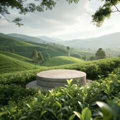 Concrete Podium on a Lush Tea Plantation with Mountain Backdrop