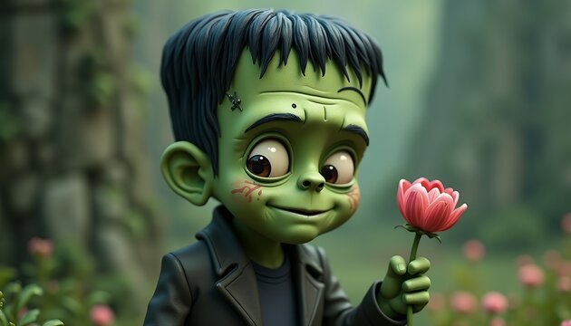 Frankenstein monster cartoon giving flower