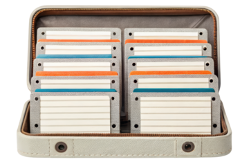 Open case filled with neatly organized blank index cards isolated with transparent background