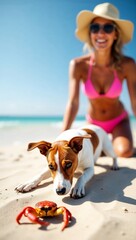 Neugieriger Hund entdeckt Krabbe am Strand während Frauchen im Hintergrund zusieht