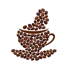 Cup of coffee with beans, a stylized representation of a coffee cup with coffee beans vector icon on white background