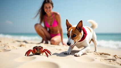 Neugieriger Hund beobachtet Krabbe im Sand während Frau am Strand kniet
