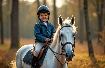 Smiling young boy in jockey helmet sits on white horse, forest background. Equestrian sport activity, childhood fun in nature. Happy boy riding horse. Family vacation, active lifestyle.