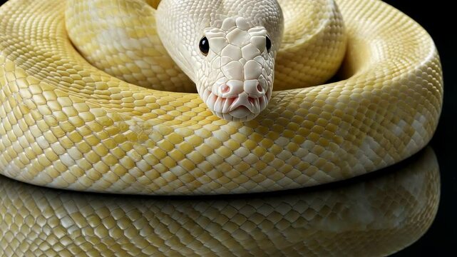 Snake in a coil showing striking patterns and textures, highlighting its vibrant colors, observed in a studio setting with reflective surface