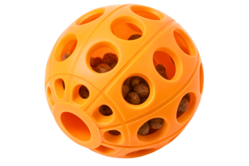 Orange treat dispensing pet toy with holes isolated with transparent background
