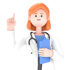 3D illustration of Female Doctor Nova shows finger up holds blank clipboard.Transparent Background Mockup.Supports PNG files with transparent backgrounds.