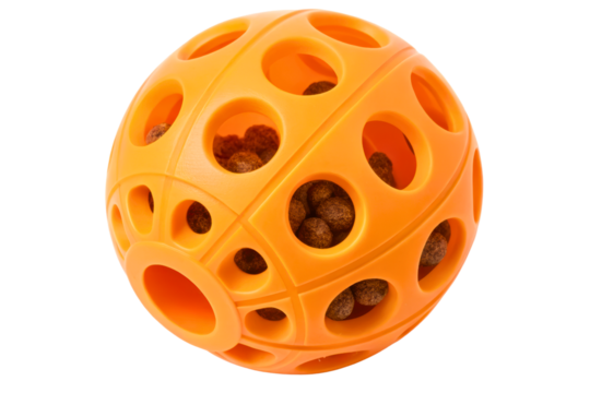 Orange treat dispensing pet toy with holes isolated with transparent background