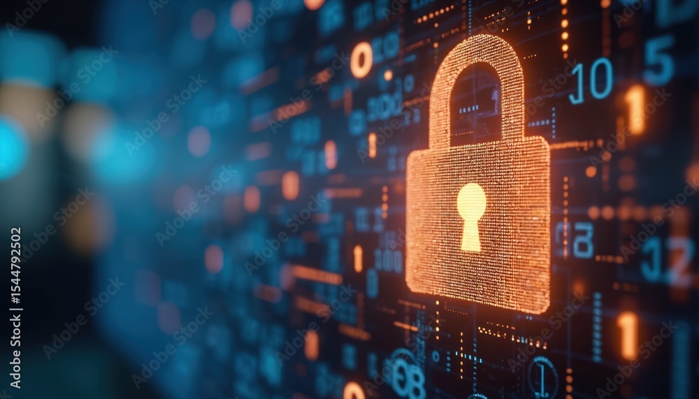 Poster futuristic digital padlock keyhole on virtual screen representing cybersecurity data protection. blu