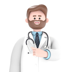 Fototapeta premium 3D illustration of Male Doctor Iverson pointing finger at screen,Transparent Background Mockup.Supports PNG files with transparent backgrounds.