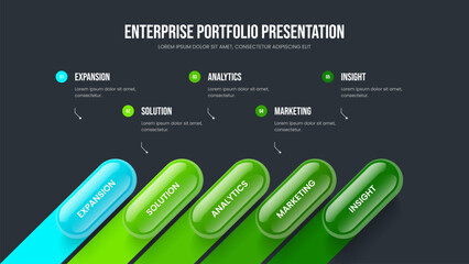 Advertising Proposal Frame Layout Vector Illustration. Professional Development Five Element Infographic Slide Design. Digital Forecast 5 Step Diagram Slideshow Template.