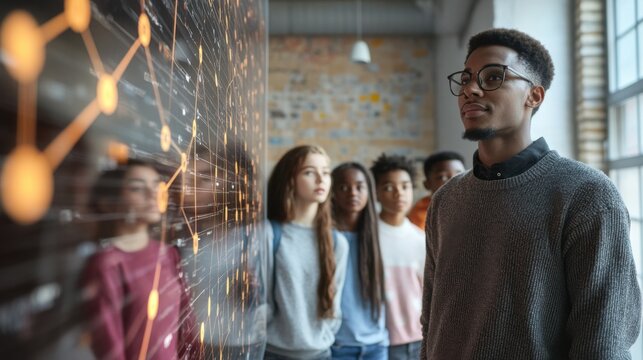 Teacher Explaining Neural Networks on Transparent Screen While Students Watch AI-Powered Visualizations in Smart Classroom - Powered by Adobe