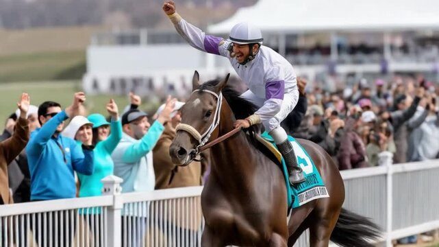 Victorious jockey celebrates winning horse race