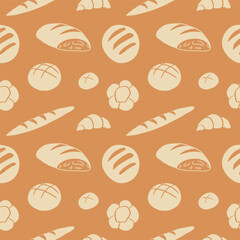 Bakery products pastry seamless pattern. Vector repeating background with hand drawn bread, loaf, bagel, croissant, muffin,  bun, cheesecake, eat wheat. Food, bakeshop, menu. Design textured rapport 