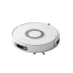 Fototapeta premium White Robotic Vacuum Cleaner with Circular Design and Cleaning Brushes Isolated on White Background