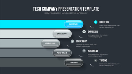Sales Performance Five Element Infographic Presentation Layout. Corporate Review 5 Step Diagram Frame Template. Modern Planning Slideshow Design Vector Illustration.
