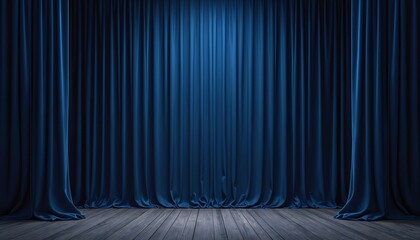 Dark blue velvet curtains, stage backdrop. Dramatic scene, luxury texture, event presentation background. Empty theatre stage with wooden floor. Elegant interior, performance, show.