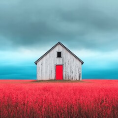 Obraz premium Weathered White Barn with Red Door in Red Flower Field under Gray Sky