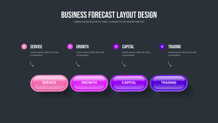 Naklejka premium Investor Development 4 Element Diagram Slide Layout. Marketing Campaign Four Step Infographic Presentation Design. Business Review Frame Template Vector Illustration.