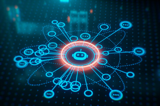 Futuristic AI chatbot interface with glowing neon network connections. Concept of artificial intelligence, machine learning, and digital communication in a virtual data environment.