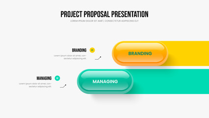 Fototapeta premium Investor Briefing 2 Step Diagram Slide Template. Modern Showcase Frame Design Vector Illustration. Visual Portfolio Two Option Infographic Presentation Layout.