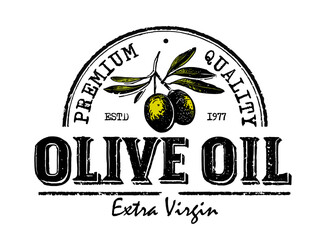 Hand drawn olive oil label with branch and text. Vintage logo for olive oil. Vector illustration