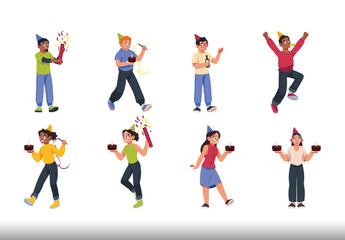 Colorful Birthday Adults Celebration Party People Illustrations Set