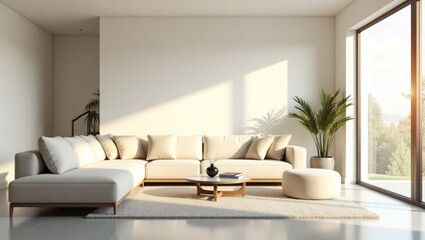 Modern living room with beige sectional sofa and natural light.