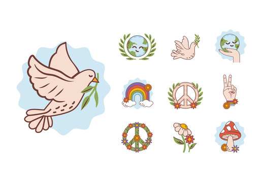 Colorful Peace And Love Funky Hippie Symbol Illustrations Set