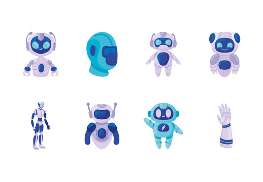 Blue And Gray Robot Android AI Future Machine Illustrations Set