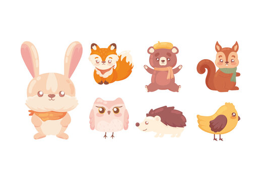 Colorful Autumn Forest Season Animal Cartoon Illustrations Set