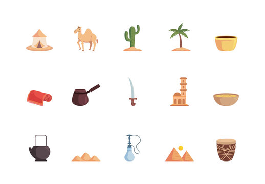 Beige And Brown Bedouin Camel Desert Tent Food Illustrations Set