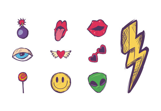 Colorful Retro 90s Pop Art Illustrations Set