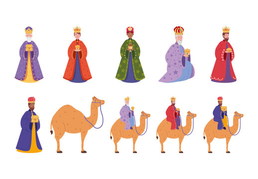 Colorful Kings Camels Gifts Epiphany Character Illustrations Set