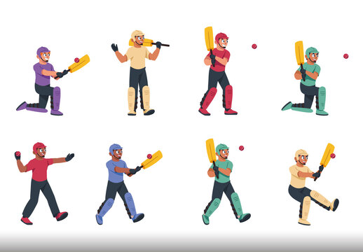 Colorful Cricket People Player Illustrations Set