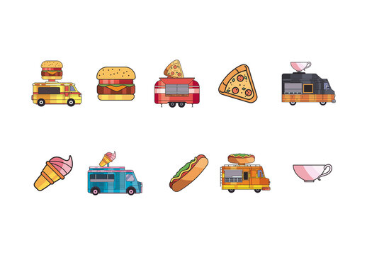 Colorful Fast Food Traditional Food Truck Illustrations Set