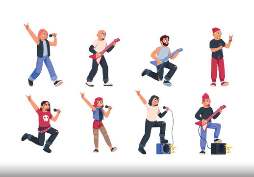 Colorful Heavy Metal People Rock And Roll Band Characters Illustrations Set