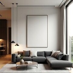 Modern Living Room Frame Mockup – ISO A Paper Size Poster on Wall, Interior Scene with Home Background, 3D Render for Art & Print Display